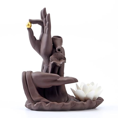 Pevfeciy Rückfluss räuchergefäß Keramik Räucherwasserfall Buddhas Hand Räucherstäbchenhalter Backflow Incense Burner für Home, Zen,Yoga Spa,Meditation,Heimbüro-Dekoration,15x19cm,Braun von Pevfeciy