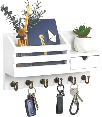 Pevfeciy Schlüsselbrett Holz mit Ablage Schlüsselboard,Schlüsselhalter für Wand,Schlüsselablage 6 Haken Aufbewahrungsschublade,Schlüsselkasten mit Regal Briefhalter für Eingangsbereich,Flur,Küche von Pevfeciy