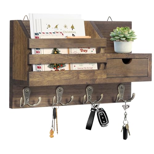 Pevfeciy Schlüsselbrett Holz mit Ablage Schlüsselboard,Schlüsselhalter für Wand,Schlüsselablage 6 Haken Aufbewahrungsschublade,Schlüsselkasten mit Regal Briefhalter für Eingangsbereich,Flur,Küche von Pevfeciy