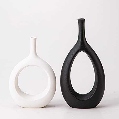 Vase schwarz-weiß Keramik,2er Set vase für pampasgras,Vase Steingut hergestellt in hochwertiger Handarbeit，Moderne Abstraktion Ornamente Blumenvase Deko, Wohnzimmer, Schlafzimmer,Büro von Pevfeciy