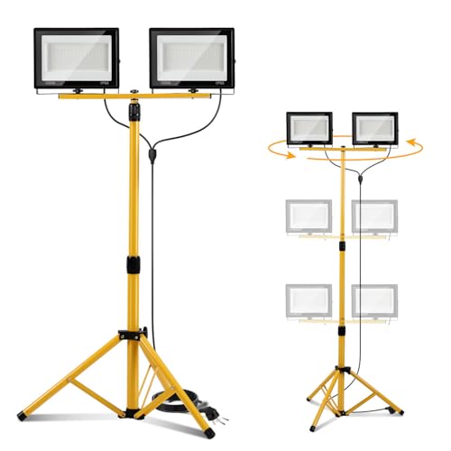 Peviasot Baustrahler LED mit Stativ, 2x100W 8500LM Drehbar Bauscheinwerfer 6500K Kaltweiß, Höhenverstellbar Stativ und 3m Kabel Stecker, IP66 Wasserdicht für Garage Werkstatt Baustelle von Peviasot