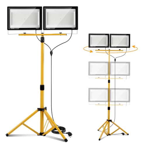 Peviasot Baustrahler LED mit Stativ, 2x200W 16000LM Drehbar Bauscheinwerfer 6500K Kaltweiß, Höhenverstellbar Stativ und 3m Kabel Stecker, IP66 Wasserdicht für Garage Werkstatt Baustelle von Peviasot
