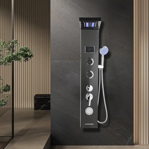 Peviasot Duschpaneel, 5 Funktionen Duschsäule, Duschpaneelsystem Edelstahl mit Armatur, Regenduschen-System mit LED-Temperaturanzeige, Verstellbare Massagedüsen, Schwarz Peviasot Duschpaneel, 5 Funktionen Duschsäule, Duschpaneelsystem Edelstahl mit Armatur, Regenduschen-System mit LED-Temperaturanzeige, Verstellbare Massagedüsen, Schwarz von Peviasot