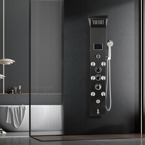 Peviasot Duschpaneel, Sechs-in-eins-Duschsäule, LED-Temperaturanzeige, Duschpaneelsystem Edelstahl mit Armatur, Regendusche, Wasserfalldusche, Massagedusche, Wanneneinlauf Handbrause, Schwarz Peviasot Duschpaneel, Sechs-in-eins-Duschsäule, LED-Temperaturanzeige, Duschpaneelsystem Edelstahl mit Armatur, Regendusche, Wasserfalldusche, Massagedusche, Wanneneinlauf Handbrause, Schwarz von Peviasot