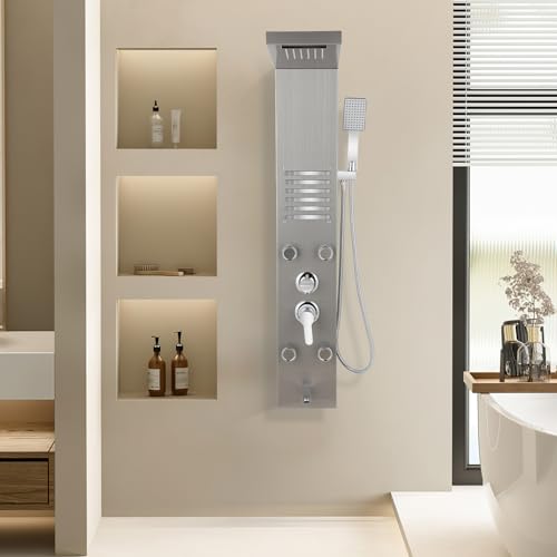 Peviasot Duschpaneel, Wandmontiertes Duschpaneel, 5 Funktionen Duschsäule, Duschpaneelsystem Edelstahl mit Armatur, Verstellbare Massagedüsen, PVC-Schlauch, bruchsicher, Silber Peviasot Duschpaneel, Wandmontiertes Duschpaneel, 5 Funktionen Duschsäule, Duschpaneelsystem Edelstahl mit Armatur, Verstellbare Massagedüsen, PVC-Schlauch, bruchsicher, Silber von Peviasot