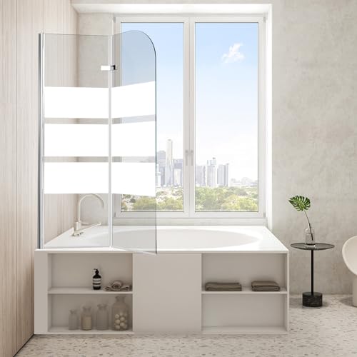 Peviasot Faltbare Duschwand für Badewanne 100x140cm, 2-teilige Glas Duschtrennwand aus 6mm Sicherheitsglas (EGS), Badewannenaufsatz, Weiße Streifen von Peviasot