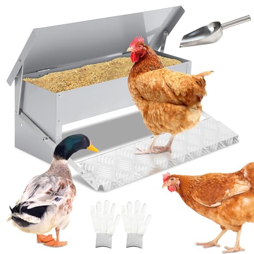 Peviasot Futterautomat, Futtertrog mit Automatisches Pedal und Wasserfest Decke, 1X Hühnerfutterautomat, 5KG Automatischer Futterautomat mit Mäuseschutz (Handschuhe + Edelstahllöffel), Verzinkt von Peviasot