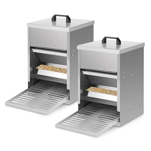 Peviasot Futterautomat, Futtertrog mit Automatisches Pedal und Wasserfest Decke, 2X Hühnerfutterautomat, 5KG Automatischer Futterautomat mit Mäuseschutz, Verzinkt–Dreidimensional von Peviasot