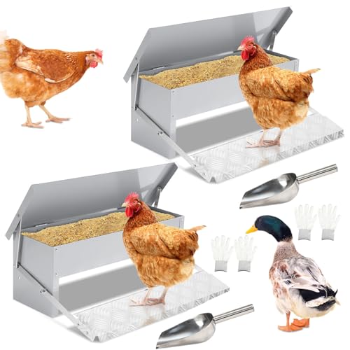 Peviasot Futterautomat, Futtertrog mit Automatisches Pedal und Wasserfest Decke, 4X Hühnerfutterautomat, 5KG Automatischer Futterautomat mit Mäuseschutz (Handschuhe + Edelstahllöffel), Verzinkt von Peviasot