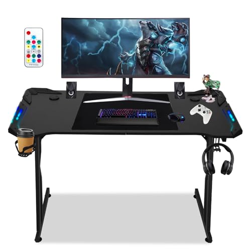 Peviasot Gaming Schreibtisch, Gaming Tisch mit LED 120 x 60 cm, Tisch Z Form mit Mousepad, Ergonomischer Computertisch für Gaming mit Kopfhörerhaken und Getränkehalter, PC Tisch mit Carbon Optik von Peviasot