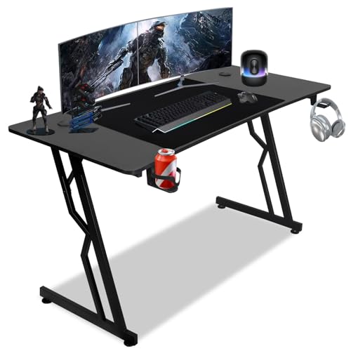 Peviasot Gaming Schreibtisch, Gaming Tisch mit LED 140 x 60 cm, Tisch Z Form mit Mousepad, Ergonomischer Computertisch für Gaming mit Kopfhörerhaken und Getränkehalter, PC Tisch mit Carbon Optik von Peviasot