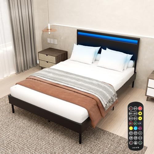 Peviasot Polsterbett, Bettgestell 140 * 200 cm, Mit LED-Beleuchtung, Massivholz-Lattenrost mit Kopfteil und Seitenteilen aus Leder, Hochwertiges Einzel-/Doppelbett, Schwarz (Ohne Matratze) von Peviasot