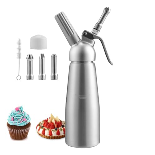 Peviasot Sahnespender, 500 ml Sahnespender mit 3 Edelstahldüsen und 1 Reinigungsbürste, Professionelle Sahnesyphon für Nachspeisen, Auslaufsicher Schlagsahnebereiter für Desserts Gebäck, Aluminium Peviasot Sahnespender, 500 ml Sahnespender mit 3 Edelstahldüsen und 1 Reinigungsbürste, Professionelle Sahnesyphon für Nachspeisen, Auslaufsicher Schlagsahnebereiter für Desserts Gebäck, Aluminium von Peviasot
