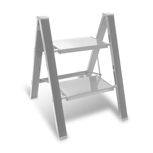 Peviasot Trittleiter, Klapptrittleiter 2 Stufen Klappbar, Leicht Stehleiter, Aluminium Tritthocker, rutschfeste Leiter mit Klappsicherung, Klappleiter für Haushalt, Küche, Belastbar bis 150kg, Silbrig von Peviasot