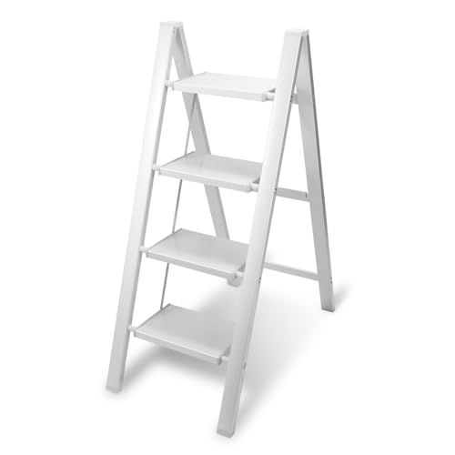 Peviasot Trittleiter, Stehleiter 4 Stufen Klappbar, Klapptrittleiter Stehleiter, Aluminium Tritthocker, rutschfeste Leiter mit Klappsicherung, Klappleiter für Haushalt, Belastbar bis 150kg, Weiß von Peviasot