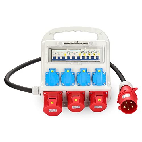 Peviasot Wandverteiler, Stromverteiler 2 x CEE 16A 400V+1 x CEE 32A 400V+4 x 230V Schuko IP44 5 polig Baustromverteiler, schwere Gummischlauchleitung Stromzufuhr, Steckdosen von Peviasot