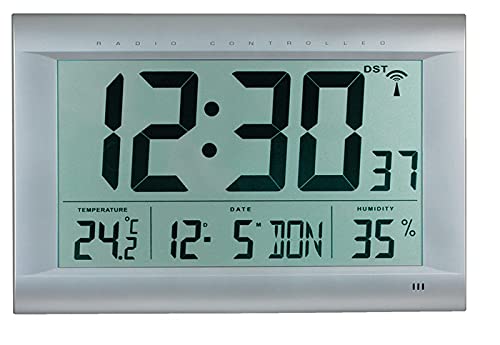PEWETA KG (GmbH + Co.) Wanduhr Funkuhrwerk LCD-Display B410xH270xT43mm Ku.-Gehäuse silber von Peweta