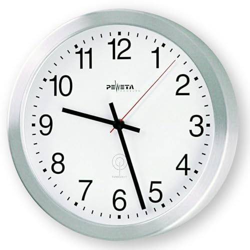 Wanduhr Funkuhr Alu.mattsilber 1,5 V Zahlen D.300mm von Peweta
