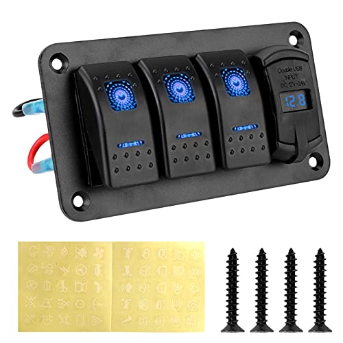 Pexorin 12 V-24 V 3-Gang-Schalttafel 4,2 A Dual-USB-Steckplatz-Ladegerät Digitaler Voltmeter-Leistungsschalter, for Auto SUV Marine RV Truck Marine-Schalttafel(Blue) von Pexorin