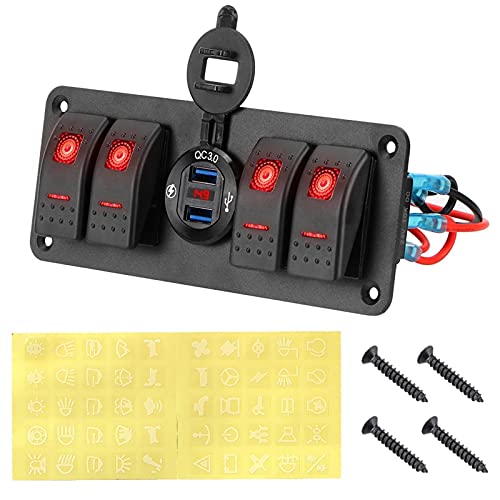 Pexorin 4-Gang-Autoschalterfeld, digitales Voltmeter, kombinierte Schaltkreissteuerung mit zwei USB-Steckdosen, for wasserdichtes Marine-Wippschalterfeld Marine-Schalttafel(Red) von Pexorin