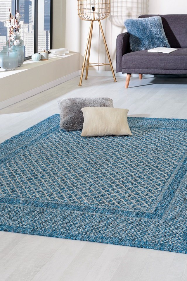 Teppich Teppich modern Design, blau, Peyer Syntex, Rechteckig, Höhe: 5 mm, Flachgewebe, Indoor & Outdoor, rechteckig, für Wohnzimmer, Esszimmer, Schlafzimmer, mit Bordüre von Peyer Syntex