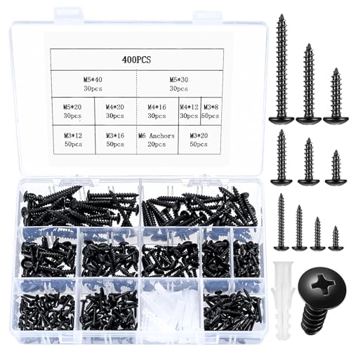400 Stück M3 M4 M5 Blechschrauben Selbstschneidende Schrauben, Holzschrauben Sortiment Set, Rundkopfschrauben, Kreuzkopfschrauben, Kohlenstoffstahl Linsenkopfschrauben mit Dübel, schwarz 400 Stück M3 M4 M5 Blechschrauben Selbstschneidende Schrauben, Holzschrauben Sortiment Set, Rundkopfschrauben, Kreuzkopfschrauben, Kohlenstoffstahl Linsenkopfschrauben mit Dübel, schwarz von Peygre