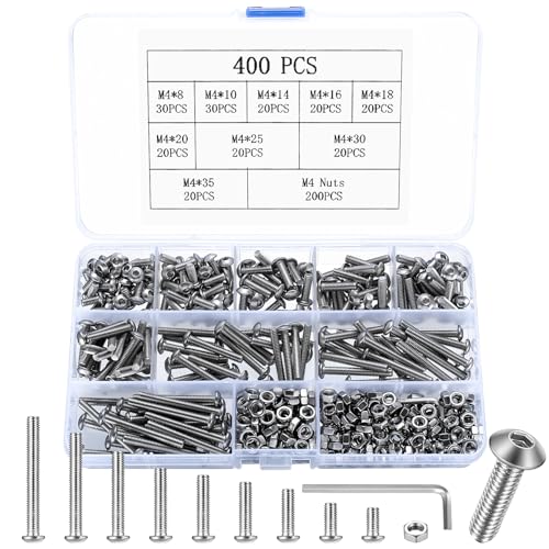 400 Stück M4 Schrauben Set, Schrauben und Muttern aus Edelstahl mit Gewinde, Rundkopf Innensechskant Schrauben mit Muttern Sortiment Set, Sechskantschrauben Maschinenschrauben Kit von Peygre