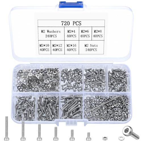 720 Stück M2 Schrauben Set, Zylinderschrauben mit Innensechskant Schrauben mit Muttern mit Unterlegscheiben Set, Sechskantschrauben Sortiment Kit, Fahrrad Maschinenschrauben Gewindeschrauben Set von Peygre