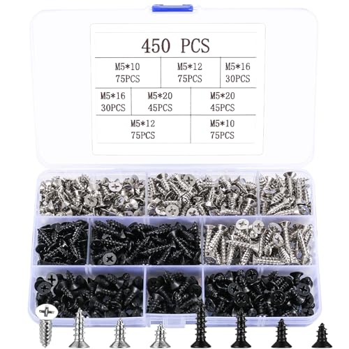 Holzschrauben, 450 Stück selbstschneidende Schrauben Set, Senkkopfschraube, Flachkopfschrauben, selbstbohrende Schrauben, kreuzschlitzschrauben Sortiment Set für Holz - M5x(10/12/16/20mm) von Peygre