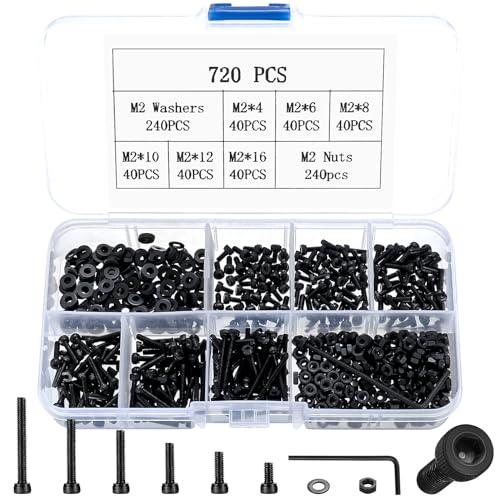 M2 Schrauben Set, 720 STK Zylinderschrauben mit Innensechskant Schrauben Muttern Set, Gewindeschrauben Maschinenschrauben Sortiment Set, Innensechskantschrauben mit Muttern Set von Peygre