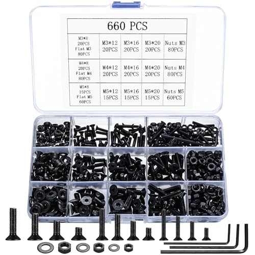 M3 M4 M5 Schrauben Set, 660 Stk Senkkopfschrauben Muttern Set, Innensechskant Sechskantschrauben mit Muttern mit Unterlegscheiben Set, Gewindeschrauben Set, Flachkopfschrauben für Mechanisch M3 M4 M5 Schrauben Set, 660 Stk Senkkopfschrauben Muttern Set, Innensechskant Sechskantschrauben mit Muttern mit Unterlegscheiben Set, Gewindeschrauben Set, Flachkopfschrauben für Mechanisch von Peygre