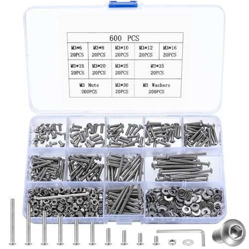 M3 Schrauben Set, 600 Stück M3 Schraube aus Edelstahl mit Mutter Set, Innensechskantschrauben und Muttern und Unterlegscheiben Set, Gewindemaschine Gewindeschrauben Set, Linsenkopfschraubensortiment von Peygre