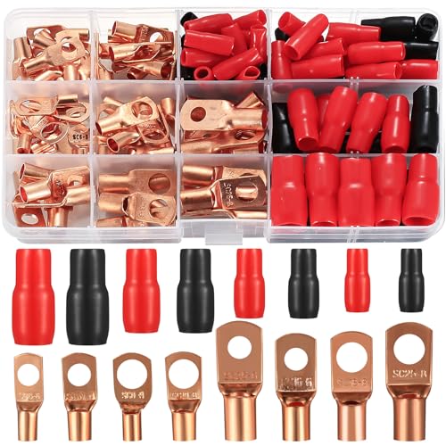 Rohrkabelschuh Set, 120 Stück Rohrkabelschuhe Kabelschuhe Set, Bolzenloch verzinnte Kupferklemmen Quetschverbinder Kabelschuh Set, 60 Stk Batterie SC Terminals + 60 Stk Isoliertüllen Sleeve von Peygre