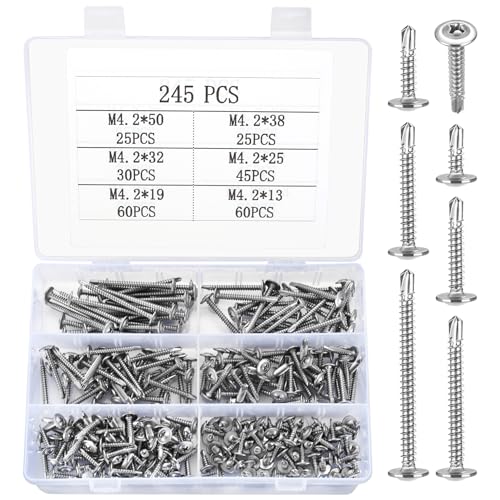 Selbstschneidende Schrauben, 245 Stk Selbstschneidend Bohrschrauben, Schneidschrauben, Selbstbohrende Schrauben mit Bohrenden, Edelstahl Blechschrauben - M4.2x(13mm/25mm/32mm/38mm/50mm) von Peygre