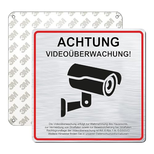 2er Achtung Videoüberwachung Schild, 15x15cm Aluminium Schilder Kameraüberwachung mit Selbstklebend und 4 Bohrlöcher, Schild Videoüberwachung Privatgrundstück, Warnschild, Einbruchschutz von Peysaitr