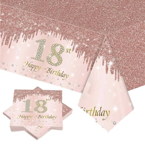 Sparkling Servietten 18 Geburtstag, 21 Stück Tischdekoration, mit Tischdecke, Rosegold Papierserviette Set, Celebration Party Servietten für 18 Geburtstag Mädchen Feiern Party Jubiläum von Peysaitr