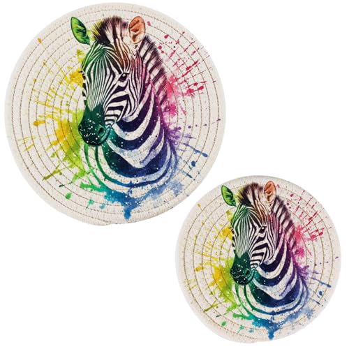 2 Stück gewebte Küchen-Topflappen, Untersetzer-Set, Regenbogen-Spritzer-Zebra-Illustration, runde heiße Matten, Untersetzer, Tischsets zum Kochen, Backen, heiße Schüssel, Teekanne (17,8 cm und 22,9 cm von Peystean