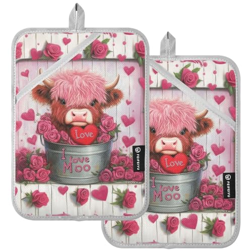 Kitchen Decor 2 Stück große Taschen-Topflappen-Set, niedliche Hochlandkuh in Herzen, Eimer-Rose, hitzebeständig, gesteppte Auskleidung, Arbeitsplatten, Topfuntersetzer, Ofenhandschuhe zum Grillen von Peystean