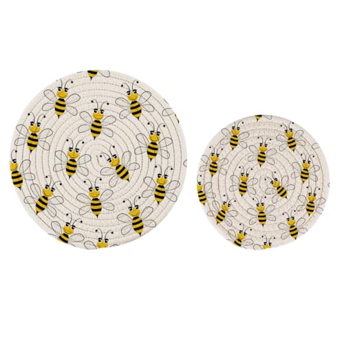 Peystean Topflappen-Untersetzer-Set, Cartoon-Bienen-Blumenmuster, gewebte runde heiße Matten, Untersetzer, Platzsets, ideal zum Kochen, Backen, heiße Schale, Töpfe, Schüssel, Teekanne (17,8 cm und von Peystean
