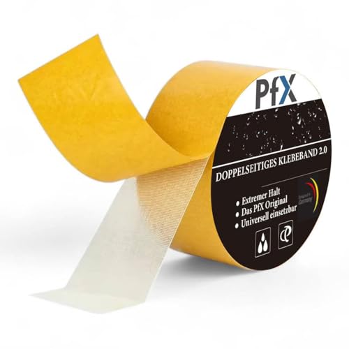 PfX Extrem Starkes Doppelseitiges Premium Gewebe Klebeband [20m] - Neue 2025 Version - Perfekt als Teppichklebeband und für Strukturierte Oberflächen - ACHTUNG EXTREM STARK! (20m) von PfX