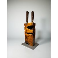 Handgefertigter Messerblock Aus Olivenholz Mit Metallplatte | 2 Messer Unikat Küchenmesserhalter Messerhalter Modern Rustikal von PfalzHolz