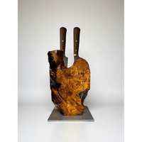 Messerblock Olivenholz Handgemacht | 2 Messer Unikat Messerhalter Holz Auf Metallplatte Küchenaccessoire Rustikal Modern Geschenkidee Messerblock Olivenholz Handgemacht | 2 Messer Unikat Messerhalter Holz Auf Metallplatte Küchenaccessoire Rustikal Modern Geschenkidee von PfalzHolz