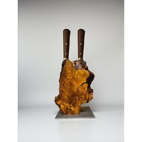 Messerblock Olivenholz Handgemacht | 2 Messer Unikat Messerhalter Holz Auf Metallplatte Küchenaccessoire Rustikal Modern Geschenkidee von PfalzHolz