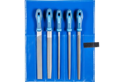 PFERD Werkstattfeilen-Set in PVC-Rolltasche, 5 Feilen, Kreuzhieb H2, 250mm, 11800542 – für universelle Schrupp- und Schlichtarbeiten geeignet von PFERD