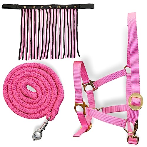 Halfter für Pferde mit Führstrick & Fliegenfransen Pferd, Halfter mit Strick - Halfter Pony Shetty Halfter Cob Full Kb (Pony, Schwarz-Pink + Pink) von Pferdelinis