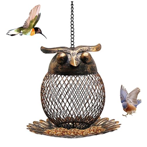 Metallvogelfutterläser 6 Zoll Eulenförmiger Hängel Vogelfutterhäusch mit hohlem Körper und Bodenschale einfache Nachfüllung schwarzer Birdfeeder für draußen von Pfjsseey