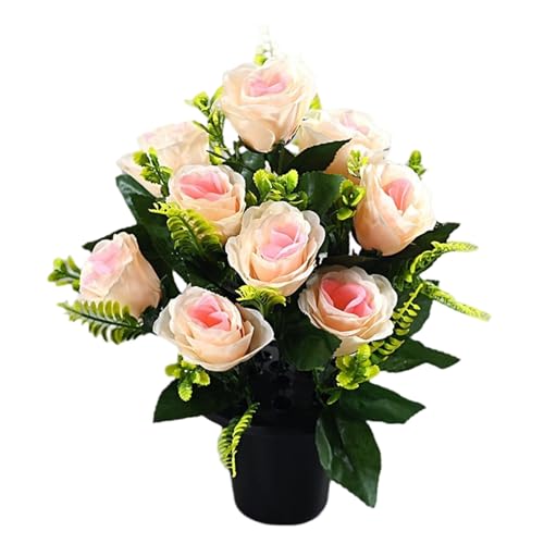 Pfjsseey Friedhofsblumen für Grab, 15 Zoll 12 Köpfe Künstliche Rosen mit Topf, Seidengrabblumen für Grabstein Grabstein von Pfjsseey
