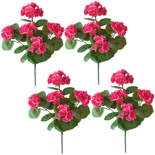 Pfjsseey Künstliche Geranien 4PCS 14 Zoll lebensechter künstlicher Blüten mit grünen Blättern mit geringer Wartung und langlebigem Geran für die Blütenanordnung von Pfjsseey