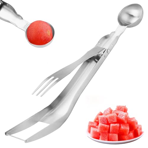 Wassermelonengabelschneider, 3-in-1 Edelstahl Wassermelonenschneider-Slicer-Werkzeug mit Löffel, faltbare Küchenutensilien für Früchte von Pfjsseey