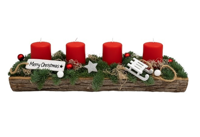 Adventsgesteck aus Birken-Tablett mit roten Kerzen L 45 cm von Pflanzen